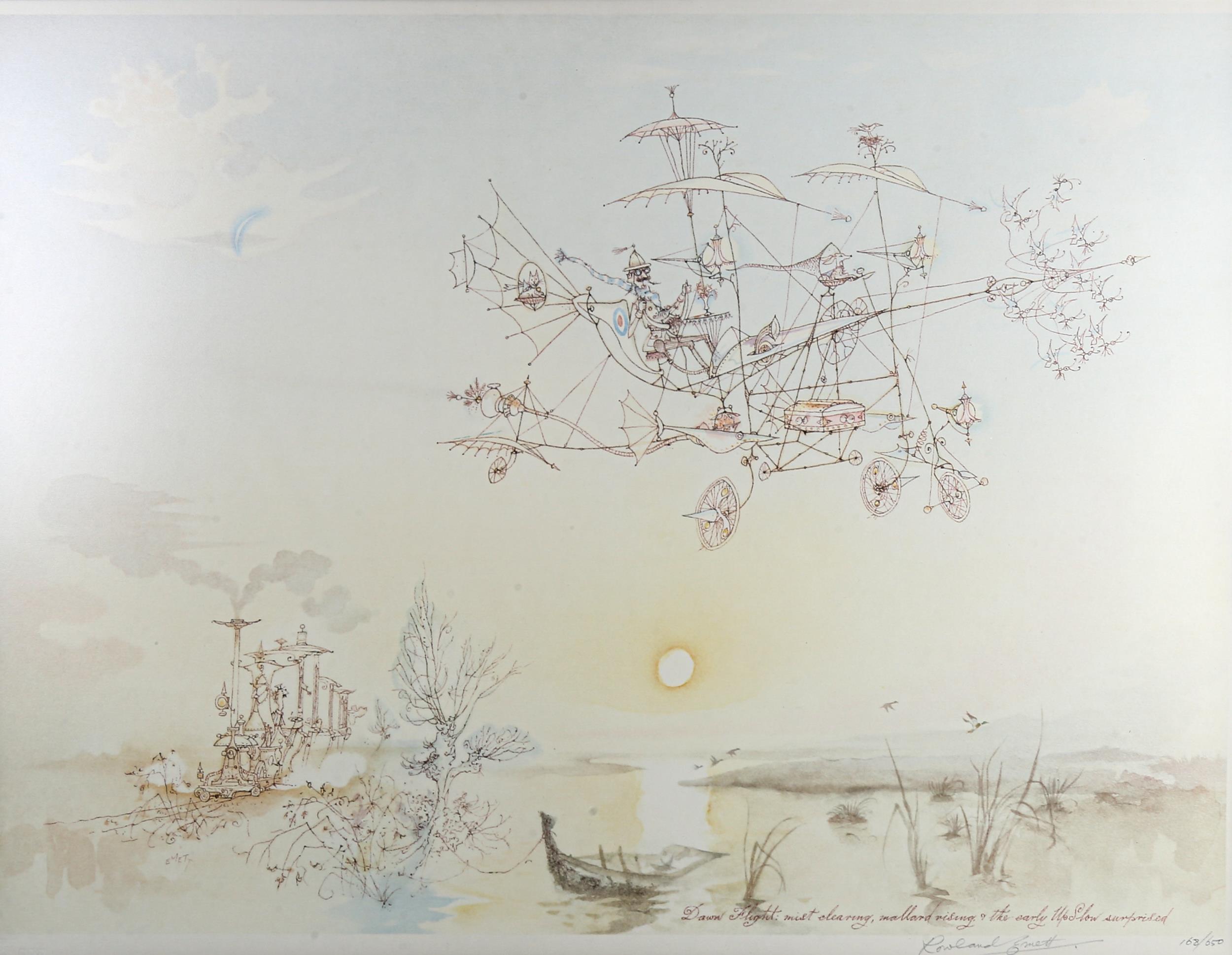 Rowland Emett (1906 - 1990), colour print, Dawn Flight, signed in pencil, no. 168/650, image 48cm