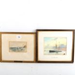 R Davidson, watercolour, coastal scene, 8cm x 14cm, and watercolour, HMS Prince George, by a