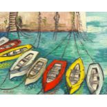 Rene Ray, oil on board, moored boats, signed, 35cm x 45cm, framed Good original condition