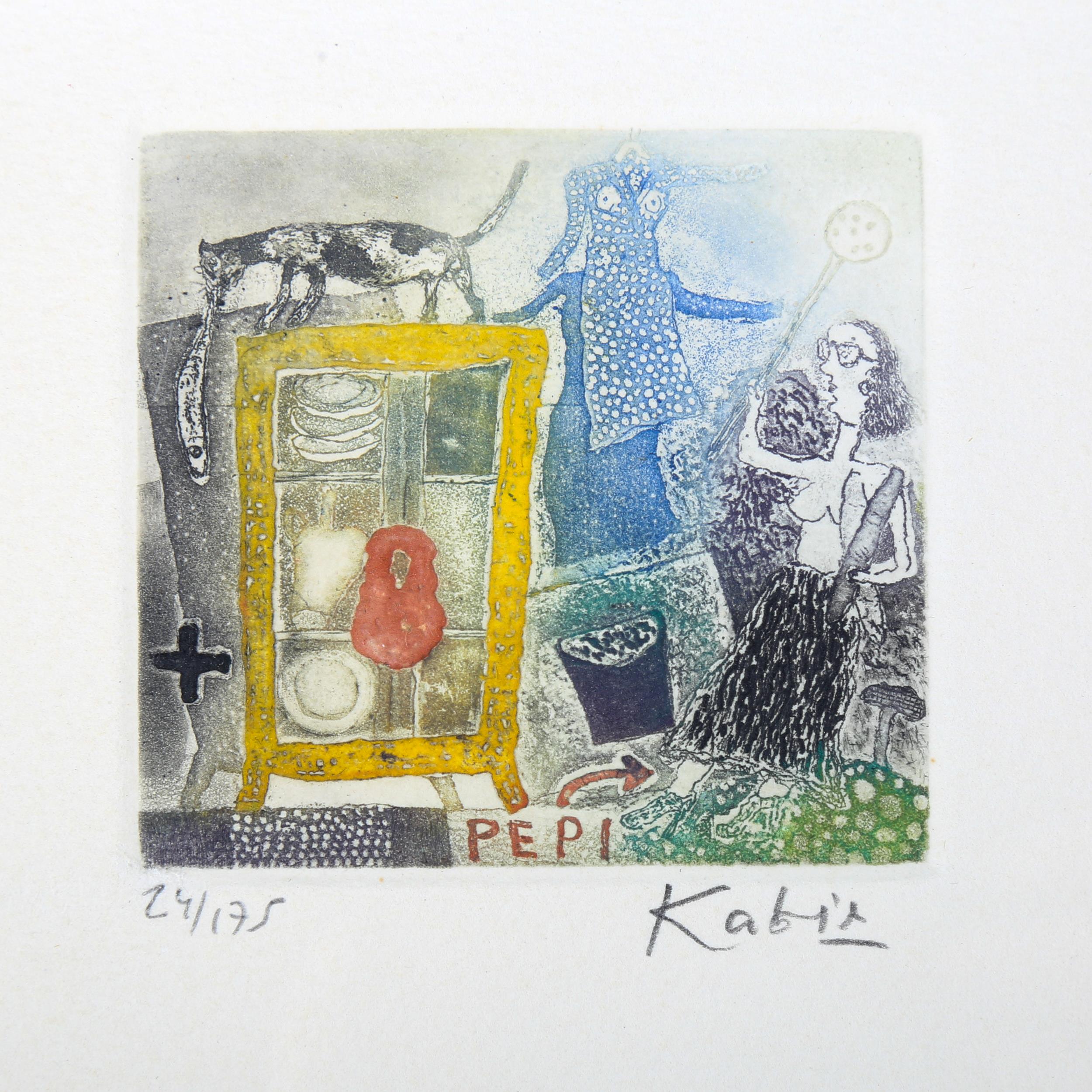 Kabis, set of 4 miniature coloured etchings, surrealist studies, signed in pencil, from an edition - Image 3 of 4