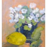 Prue Sapp, oil on board, pea blossom, signed, 20cm x 18cm, framed Very good condition