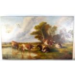 Manner of Thomas Sidney Cooper, large oil on canvas, cattle on a riverbank, bears signature and date