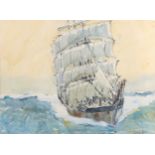 Rowland Fisher, watercolour, tall ship on rough seas, signed, 32cm x 42cm, framed A few tiny fox