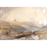 19th century watercolour, figures on an estuary, unsigned, 34cm x 49cm, mounted A few tiny fox marks