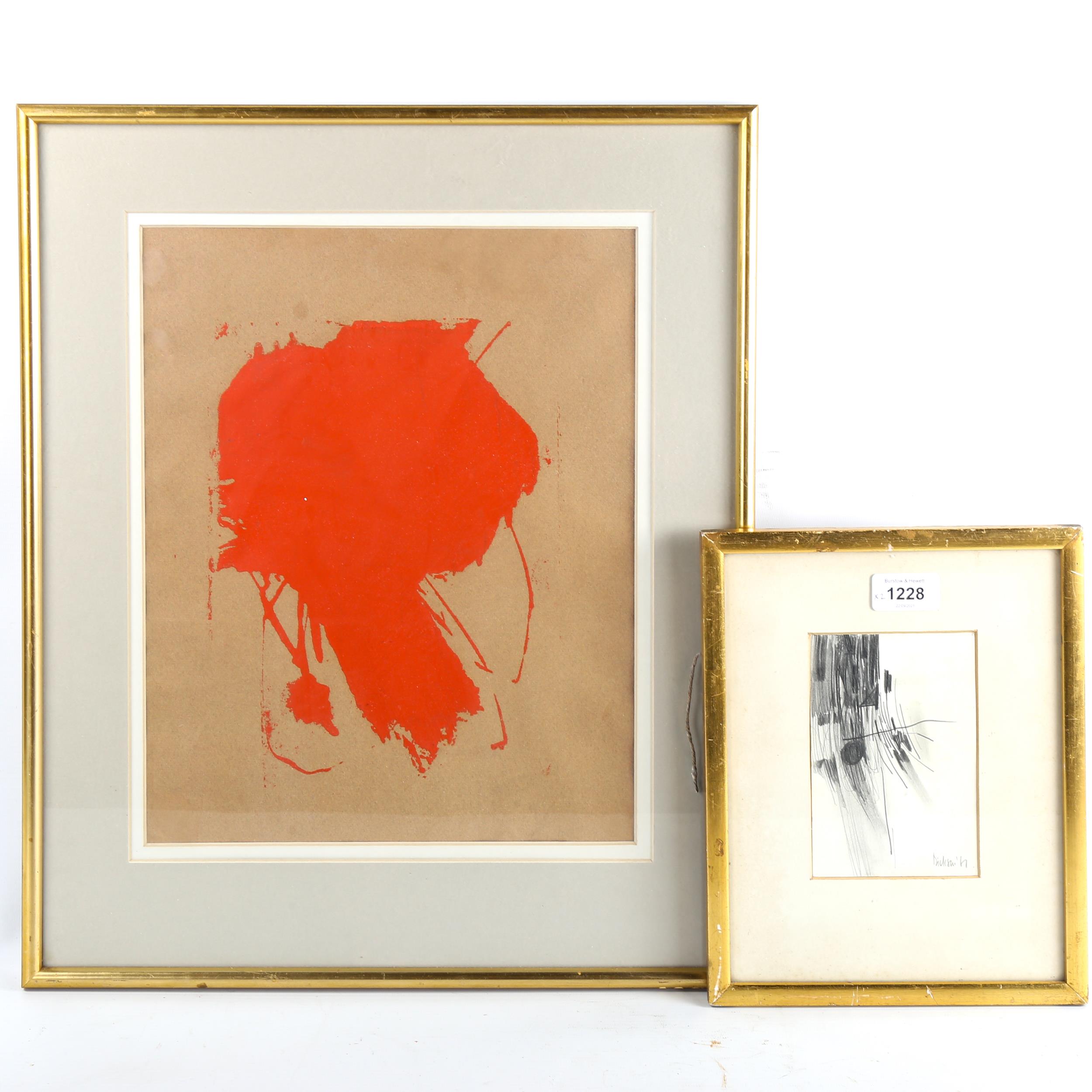 Jennifer Dickson, pencil drawing, crucifix 1961, 14cm x 9cm, and a mid-20th century red paint on