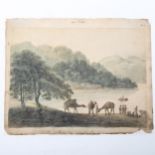 An early 19th century watercolour, camels and figures on a riverbank, unsigned, dated 1816, 15cm x