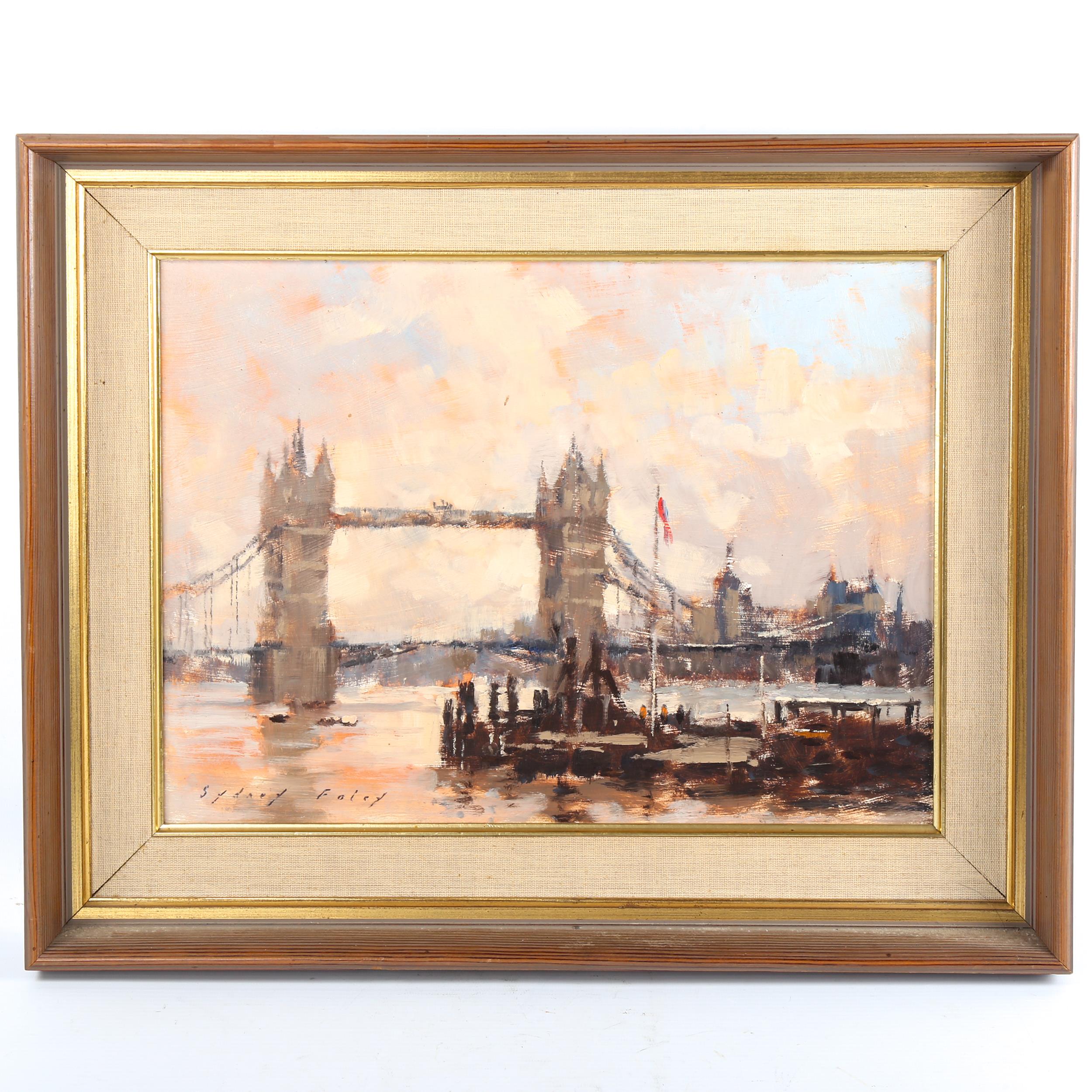 Sydney Foley, oil on board, Morning Light at Tower Bridge, signed with Exhibition label verso,