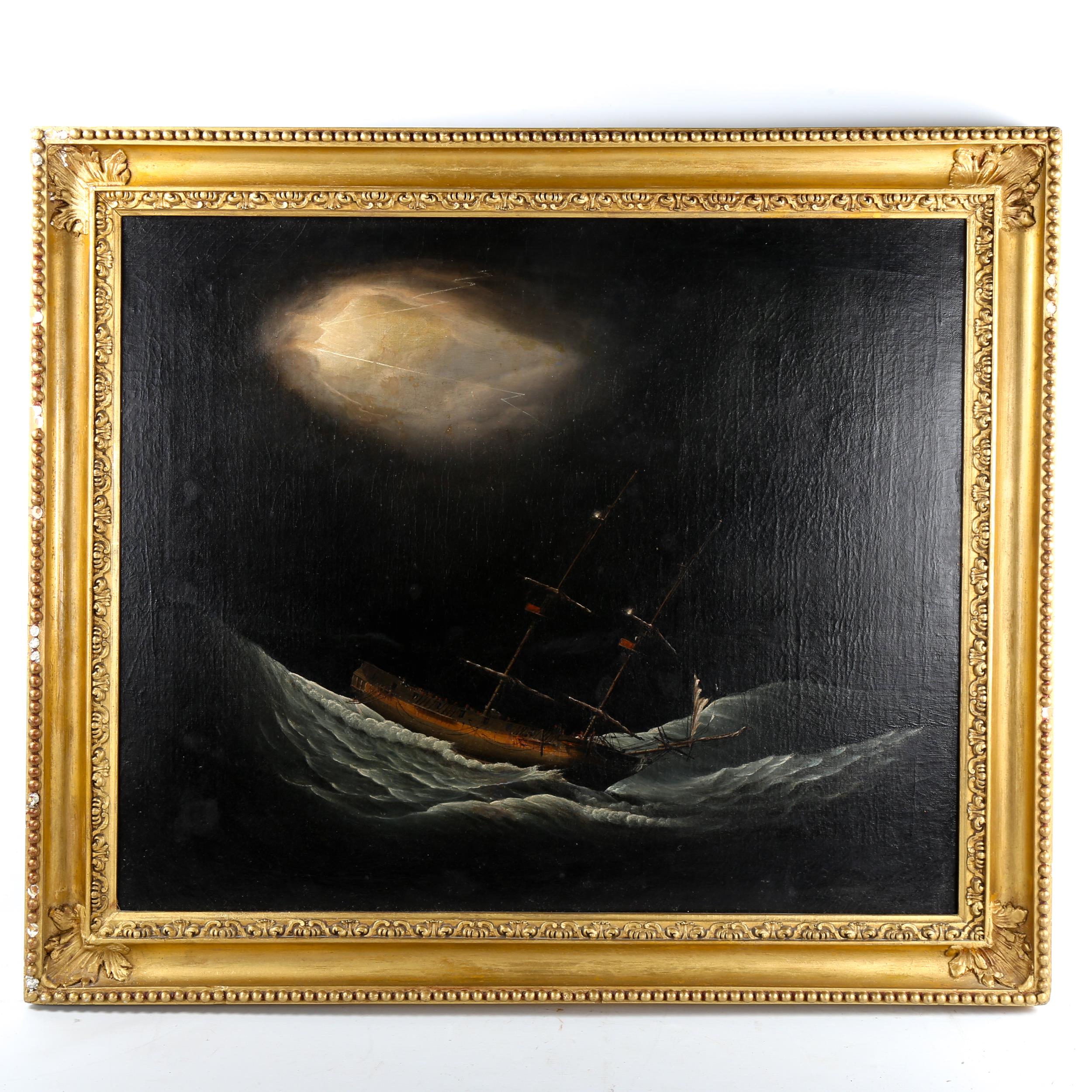 18th/19th century oil on canvas, shipwreck in a storm, unsigned, 63cm x 76cm, framed Painting has