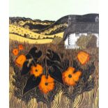 Robert Tavener, colour screen print, poppies and cottage, signed in pencil, no. 27/75, image 41cm