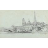 Douglas Smart (1879 - 1970), pencil drawing, Continental river scene, signed, 21cm x 36cm, framed