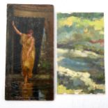 2 mid-20th century oils on board, Classical woman bathing, 27cm x 13cm, and abstract, 23cm x 13cm (