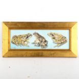 Clive Fredriksson, oil on board, 3 frogs, framed, overall frame dimensions 22cm x 47cm