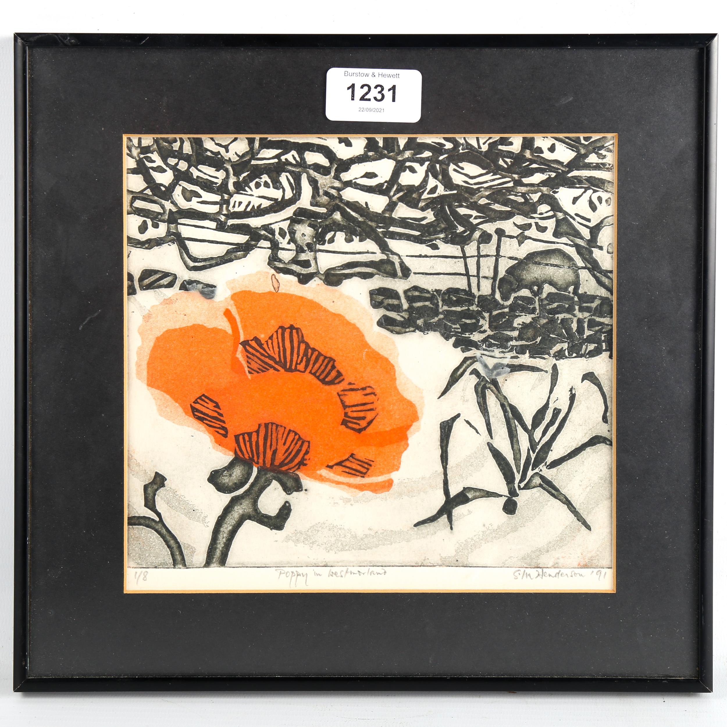 Susan Henderson, coloured etching, poppy in Westmorland, signed in pencil, no. 1/8, image 18cm x - Image 2 of 4