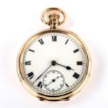 An early 20th century 9ct gold open-face and keyless-wind pocket watch, white enamel dial with Roman