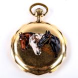 An Art Deco Continental 14ct gold enamel horses full hunter pocket watch, dodecagonal form, the