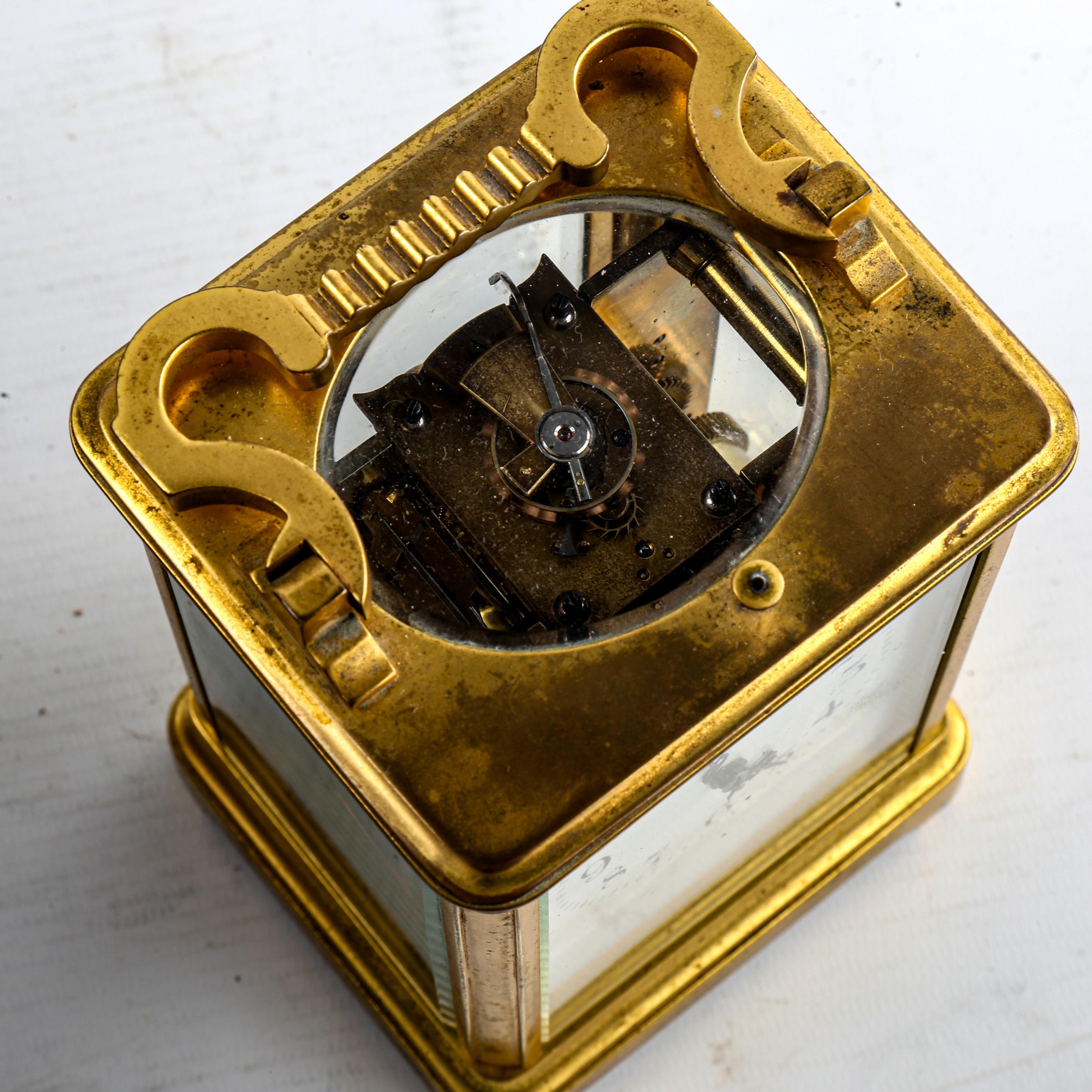 A large French brass-cased repeater carriage clock, white enamel dial with Arabic numerals, blued - Image 4 of 5