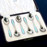 A set of 6 George V Art Deco silver-gilt teal enamel teaspoons, by Docker & Burn Ltd, hallmarks