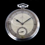 OMEGA - an Art Deco stainless steel open-face keyless-wind slimline pocket watch, silvered dial with