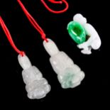 3 Chinese carved and polished jade figural pendants, including seated deity and monkey, largest