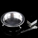 A small Elizabeth II silver pin dish, a modern unmarked silver and onyx pillbox, and a Danish silver