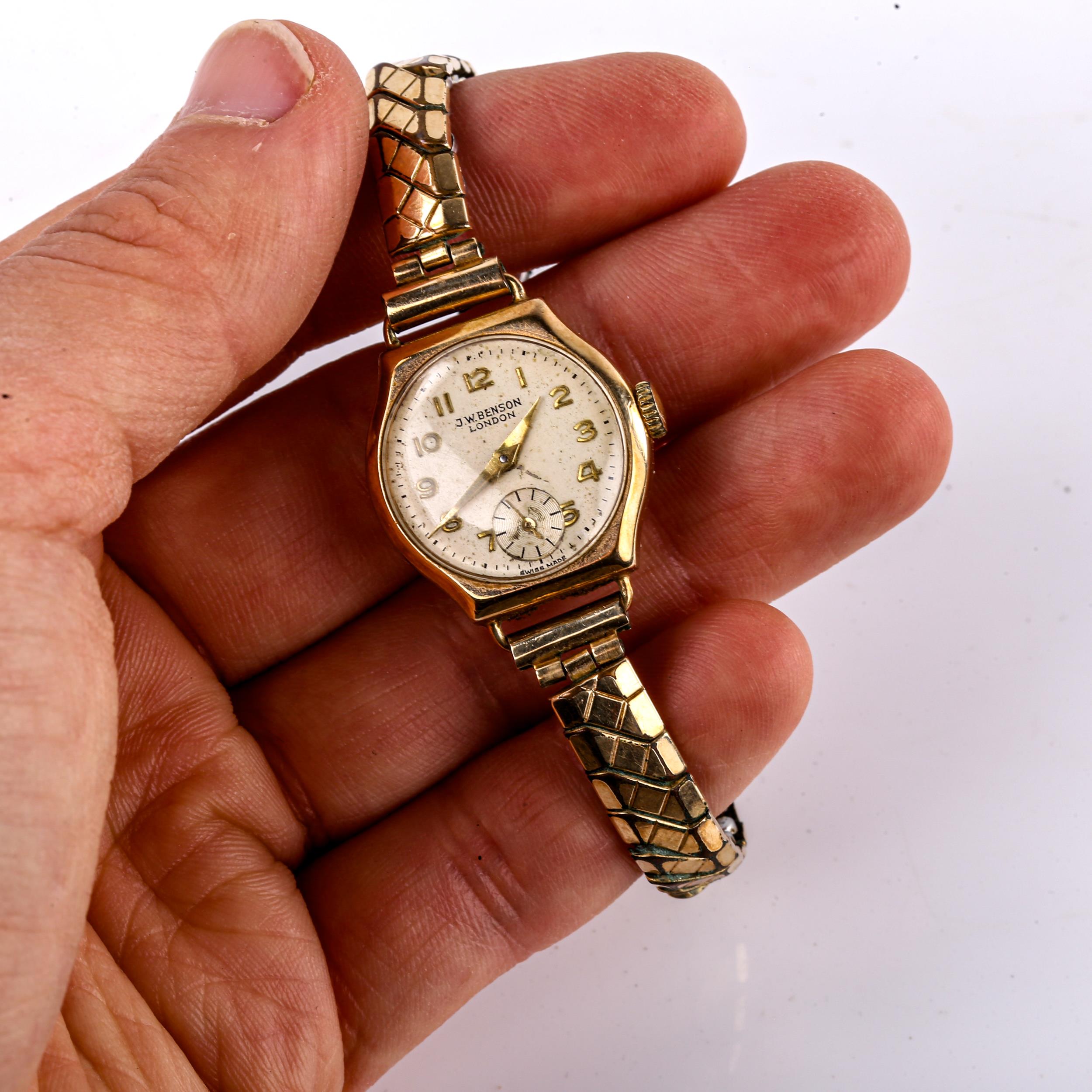 J W BENSON - a lady's Vintage 9ct gold mechanical bracelet watch, ref. 87757, silvered dial with - Image 5 of 5