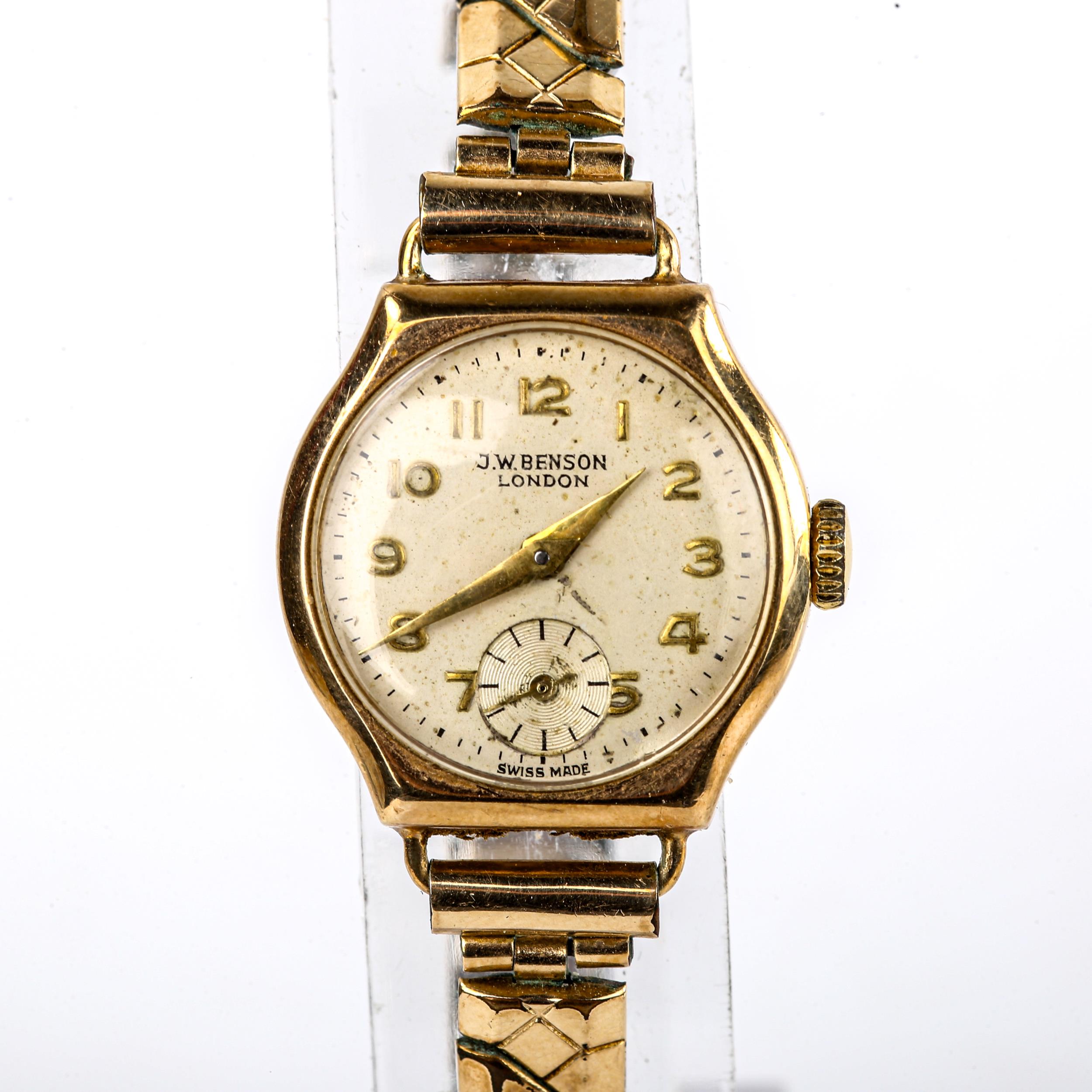 J W BENSON - a lady's Vintage 9ct gold mechanical bracelet watch, ref. 87757, silvered dial with