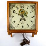 A 19th century light oak-cased wall hanging clock, by Owen Richards of Bala, hand painted enamel