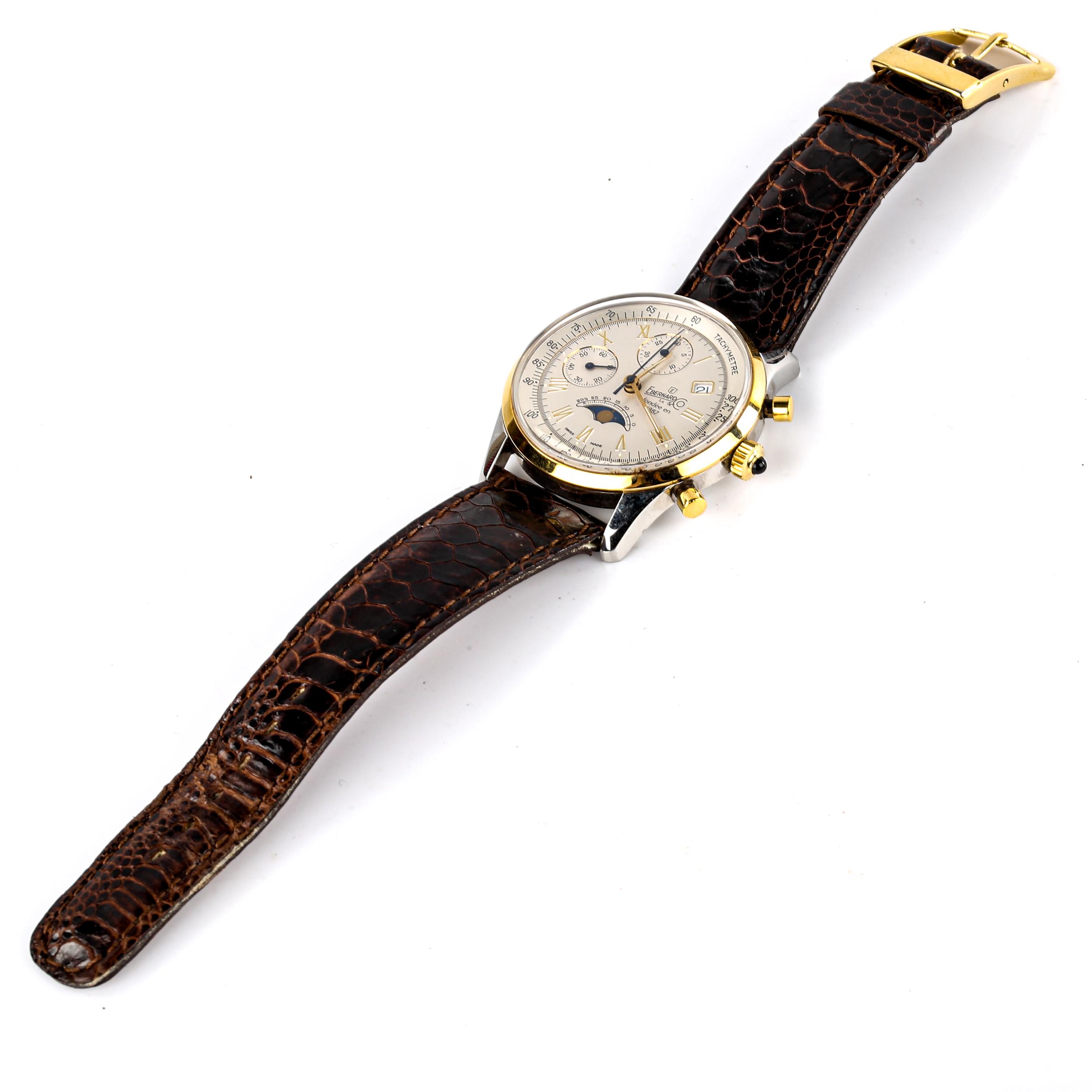 EBERHARD & CO - a Vintage stainless steel and gold plated 75 Year Chronograph Anniversary - Image 4 of 5