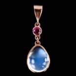 A modern 9ct gold moonstone and ruby drop pendant, set with pear cabochon moonstone and round-cut