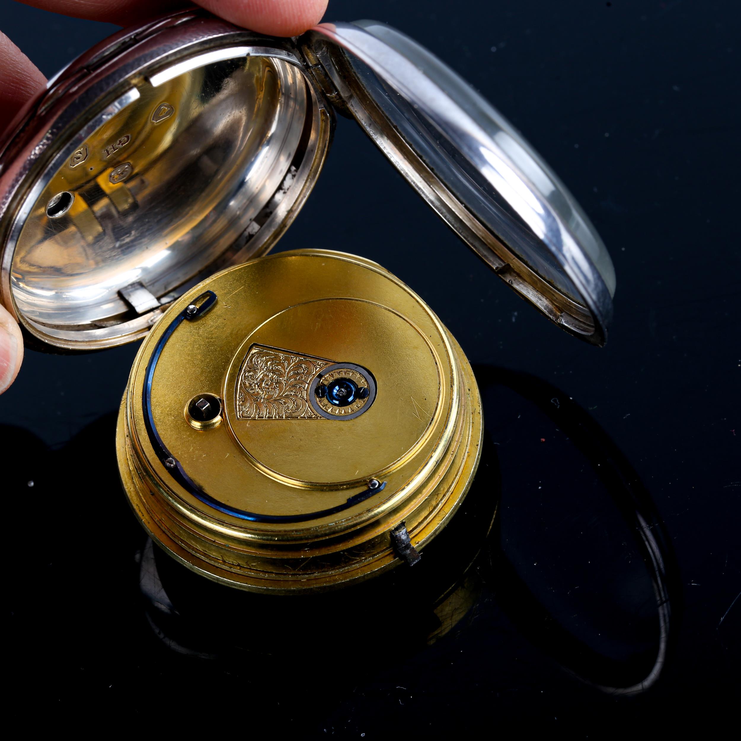 An early 19th century silver-cased open-face key-wind pocket watch, white enamel dial with Roman - Image 3 of 5