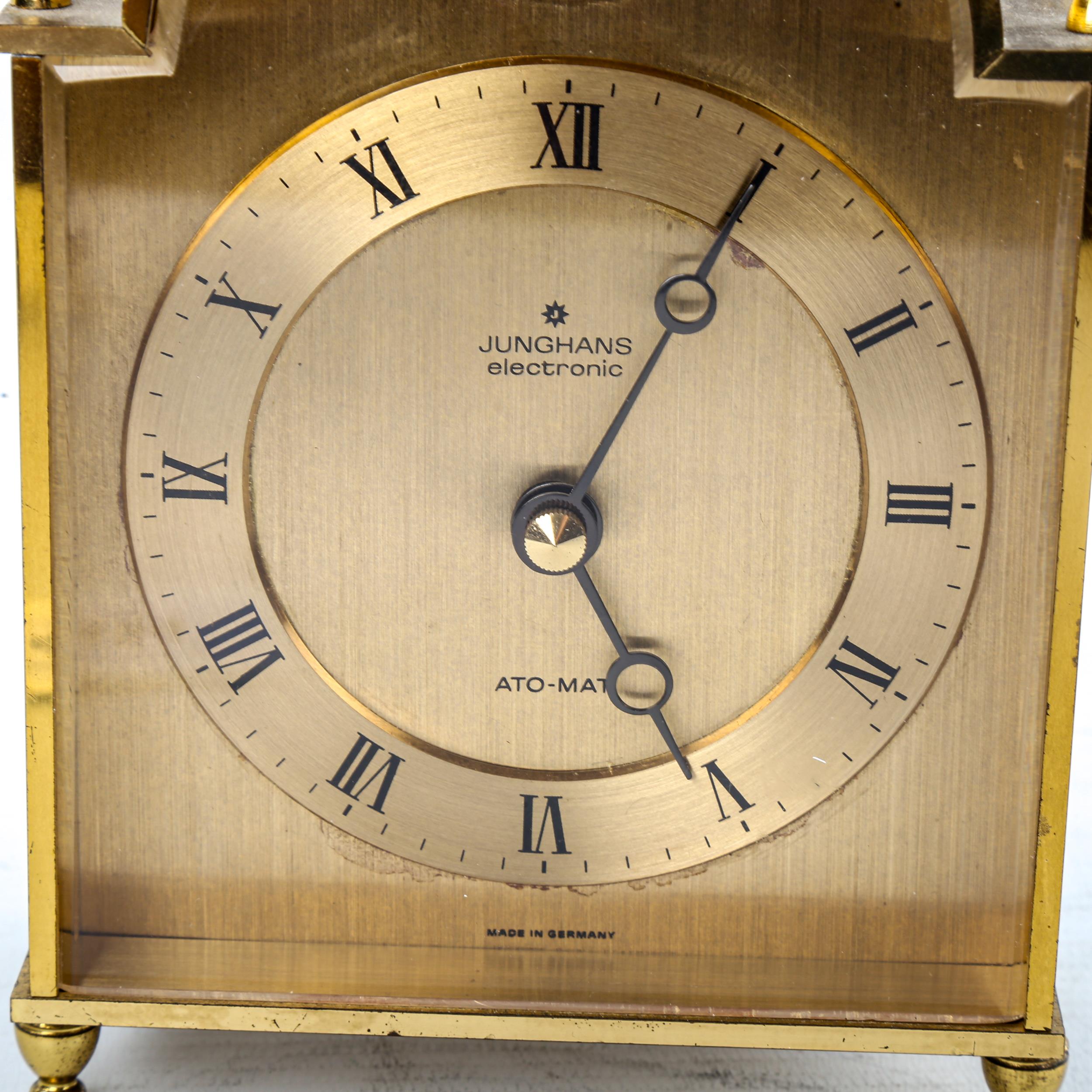 JUNGHANS - a Vintage German brass-cased electronic ato-mat (carriage clock), gilded dial with - Image 2 of 5