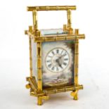 A 19th century brass-cased repeating carriage clock, hand painted farmyard enamel dial with Roman