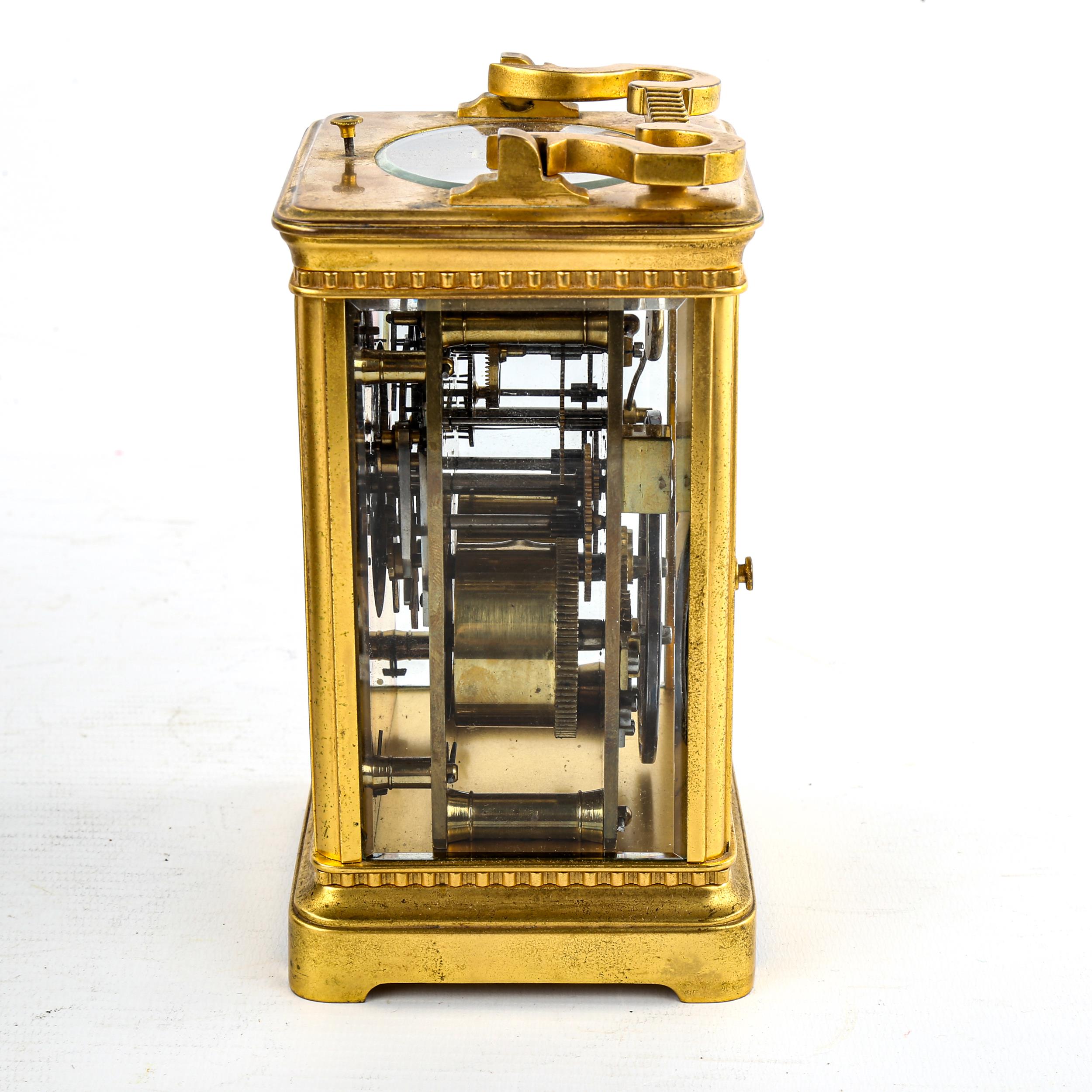 A large French brass-cased repeater carriage clock, white enamel dial with Arabic numerals, blued - Image 3 of 5