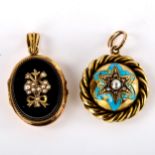 2 Victorian memorial pendant lockets, including pearl diamond and blue enamel star bombe example,