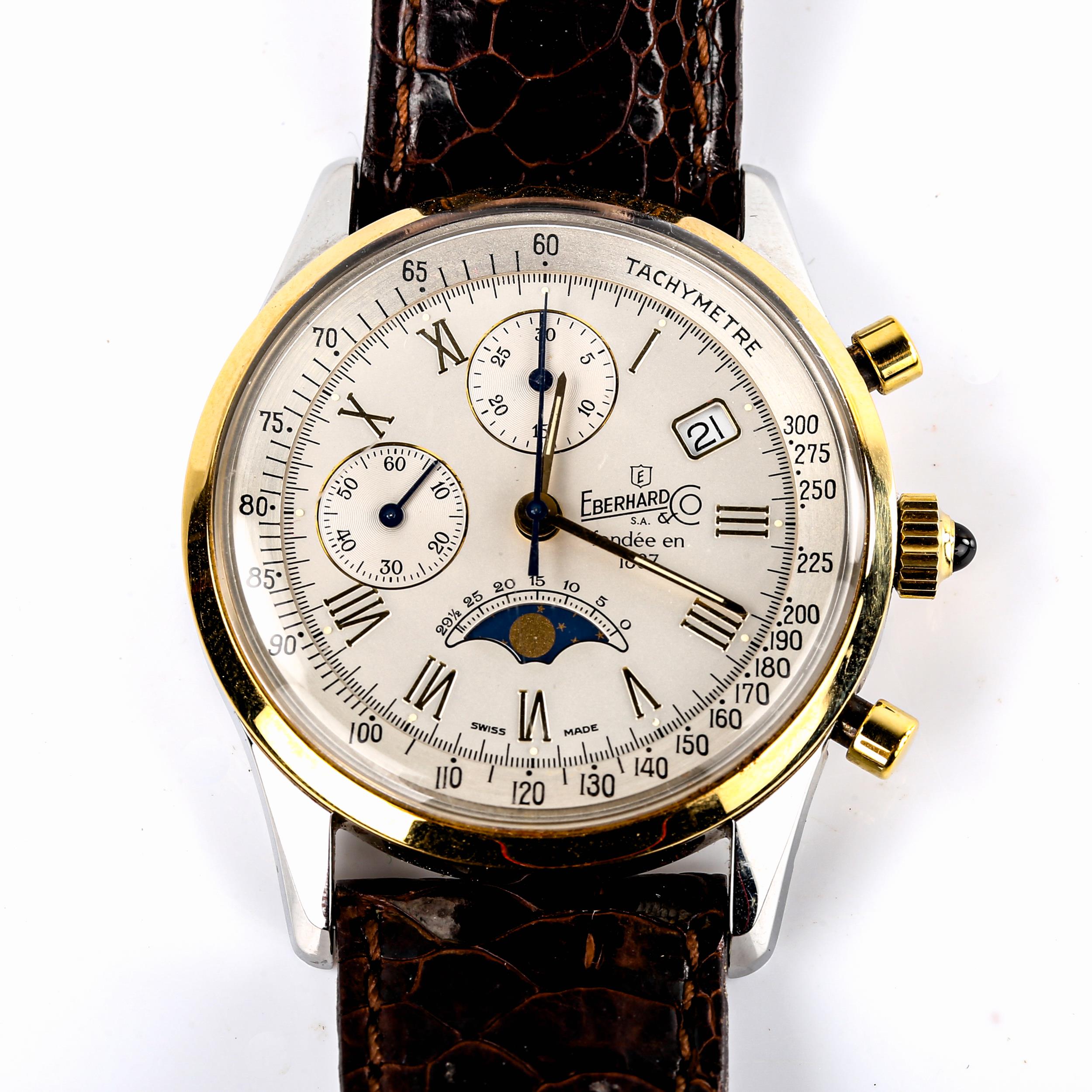 EBERHARD & CO - a Vintage stainless steel and gold plated 75 Year Chronograph Anniversary