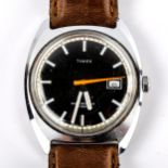 TIMEX - a Vintage stainless steel automatic wristwatch, black dial with white baton hour markers,