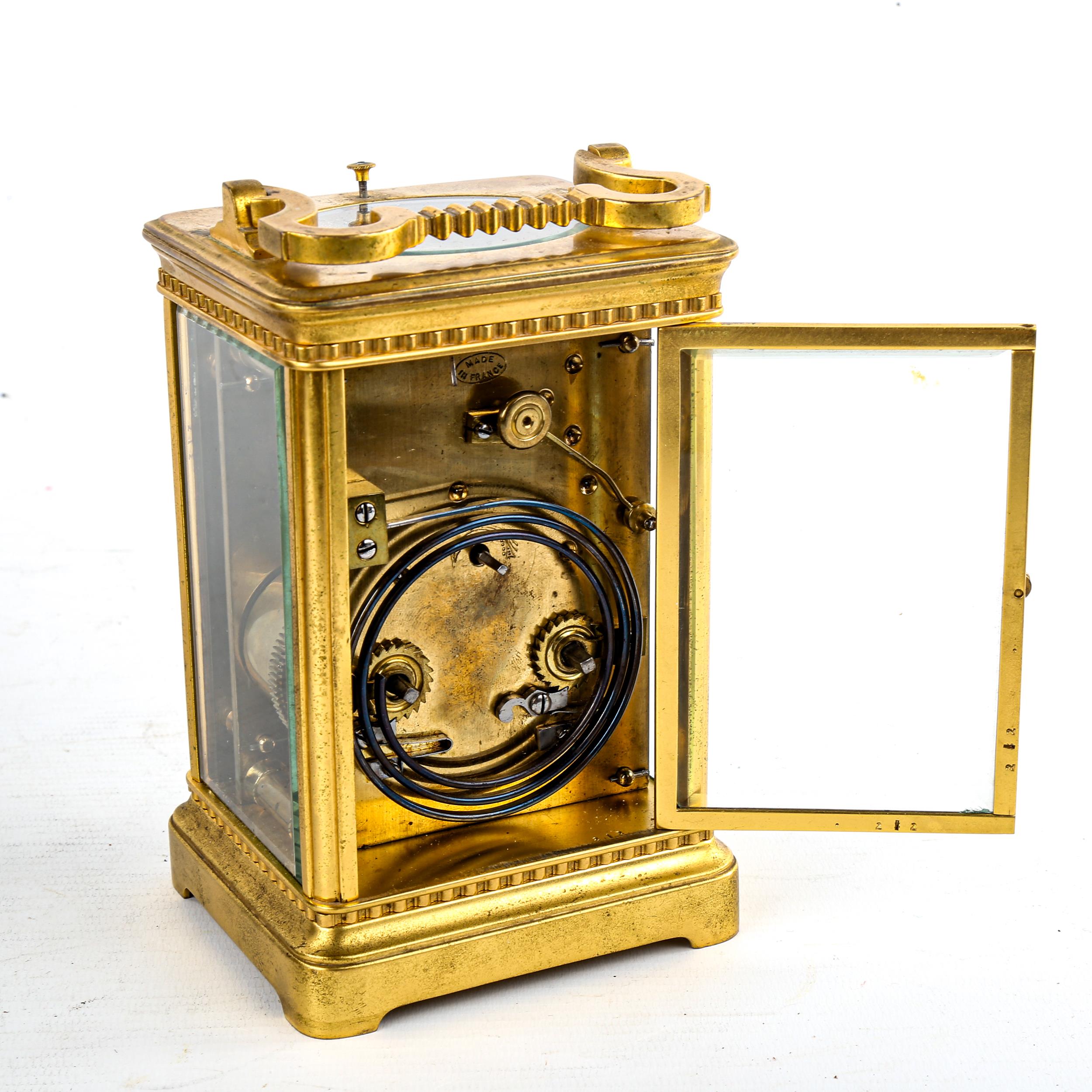 A large French brass-cased repeater carriage clock, white enamel dial with Arabic numerals, blued - Image 2 of 5