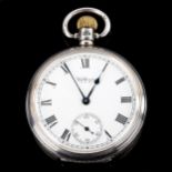 WALTHAM - a silver-cased open-face keyless-wind pocket watch, white enamel dial with Roman numeral