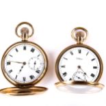 2 x gold plated pocket watches, including open-face keyless-wind Waltham example, and unnamed full