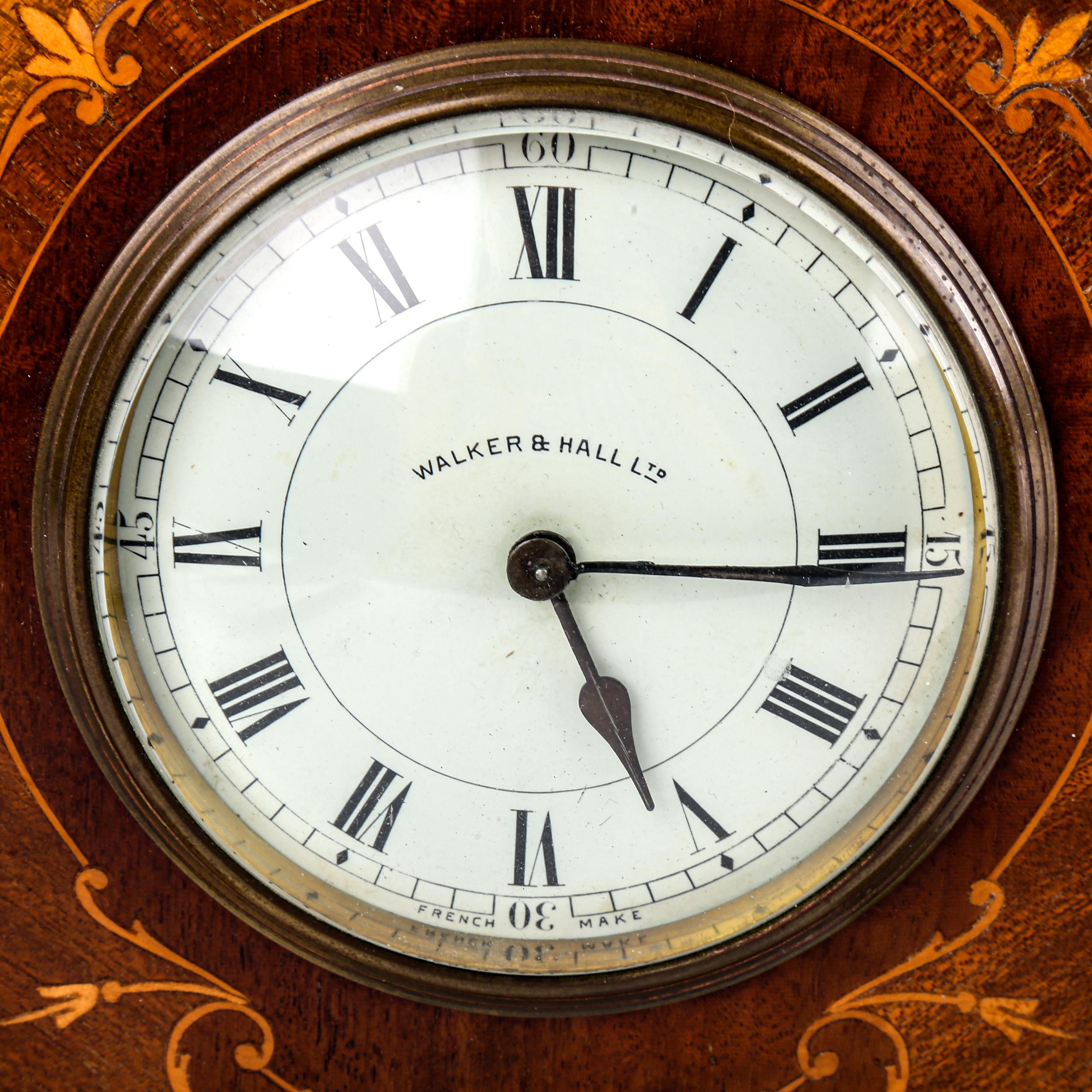 An Edwardian inlaid shaped mahogany mantel clock, by Walker & Hall Ltd, white enamel dial with Roman - Image 3 of 5