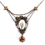 A Continental Arts and Crafts unmarked silver coral and blister pearl lavaliere pendant necklace,