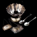 Various silver, including pedestal sugar bowl, modernist Gin decanter label, unmarked white metal