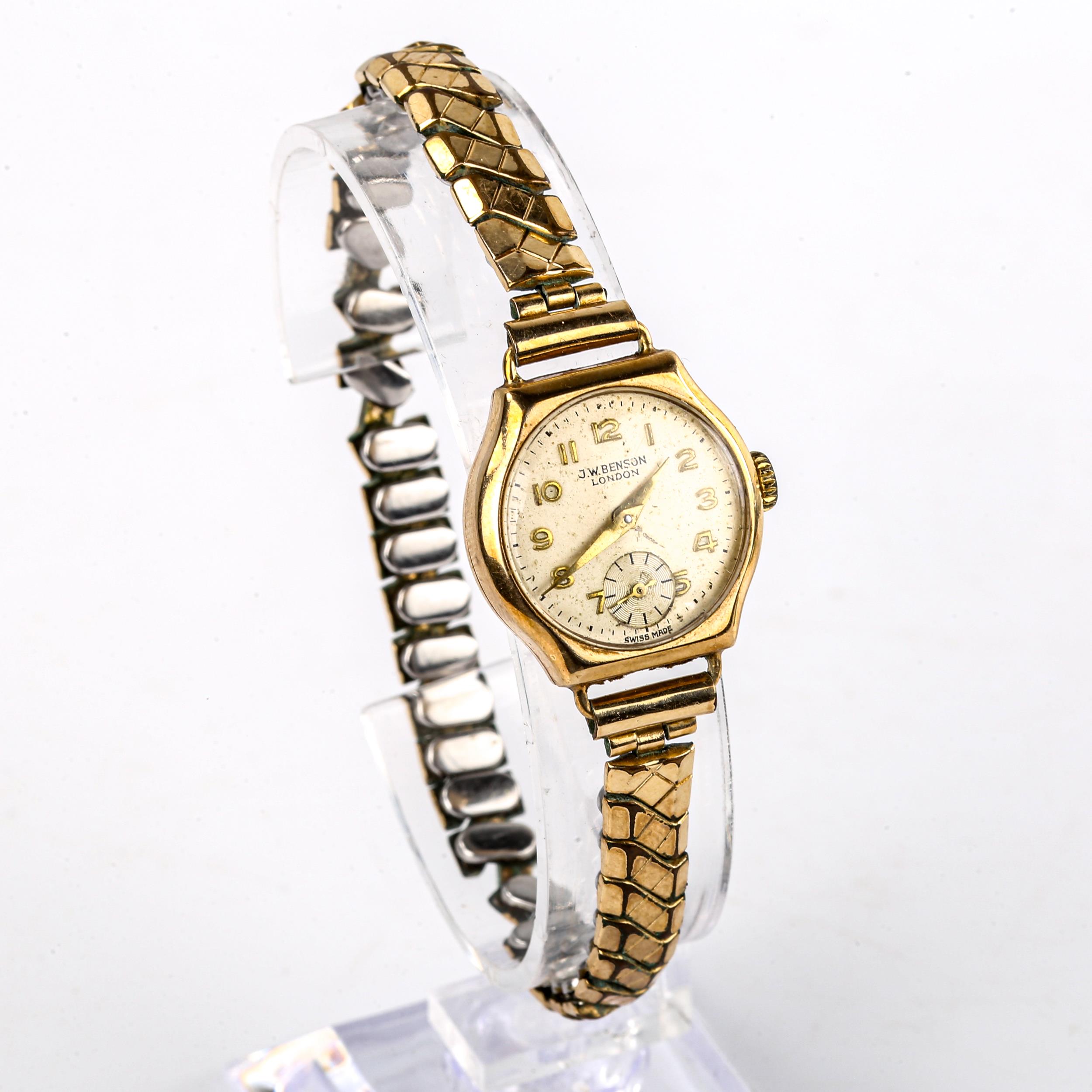 J W BENSON - a lady's Vintage 9ct gold mechanical bracelet watch, ref. 87757, silvered dial with - Image 2 of 5
