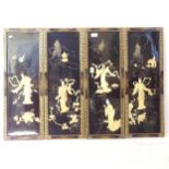 A set of 4 Chinese design black lacquered and gilded panels, with applied figural decoration,