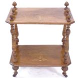 A Victorian walnut 2-tiered inlaid whatnot, with turned fluted columns, W55cm, H61cm, D36cm