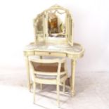 A Continental painted and marble-top dressing table mirror, with matching cane panel chair,
