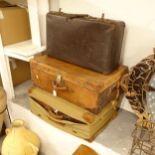2 Antique leather suitcases, 1 with original canvas cover, and another (3)