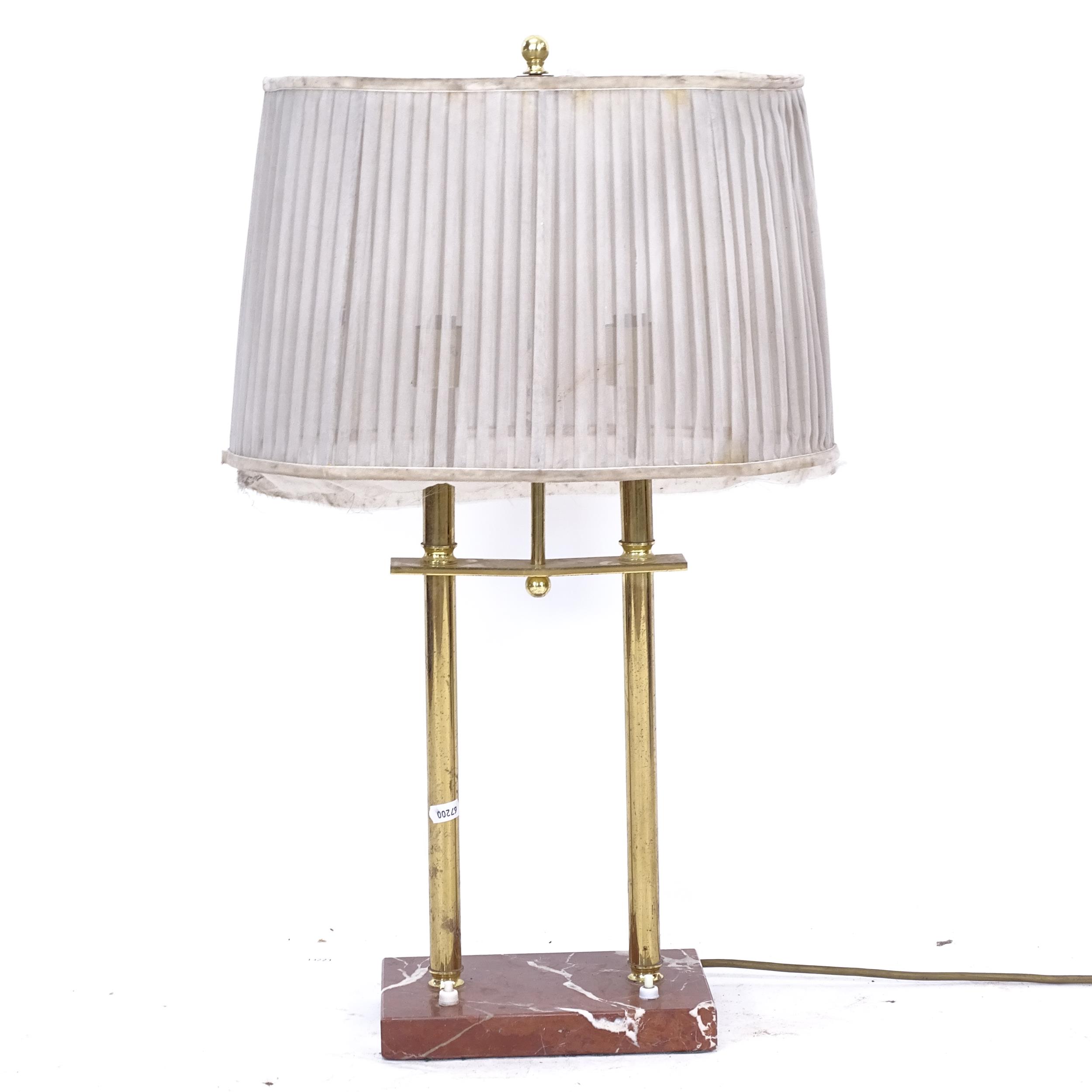 A mid-century brass double desk lamp on marble stand, H65cm