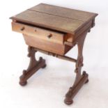 A Victorian oak sewing table, with single frieze drawer, and basket under, raised on shaped