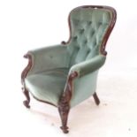 A Victorian mahogany-framed and button-back rollover armchair, on cabriole legs